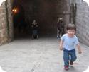 E hiking up the entrance ramp at Montjuic Castle in Barcelona