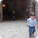 E hiking up the entrance ramp at Montjuic Castle in Barcelona