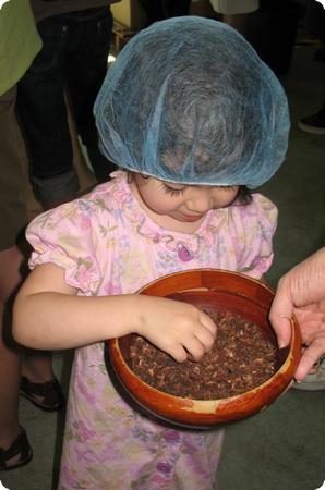 D with her hands in the cocoa beans at Theo Chocolate Factory