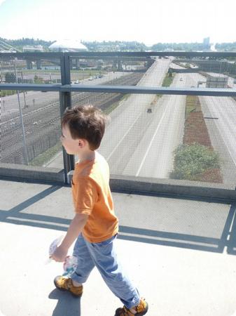 E walking across the bridge to the Museum of Glass in Tacoma
