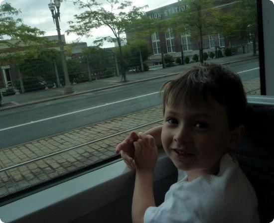 E rides the Tacoma Light Rail
