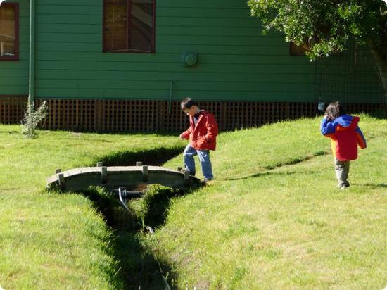 D and E explore the grounds of the Mar Vista Cottages