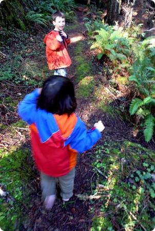 D and E explore the woods next to the Mar Vista Cottages