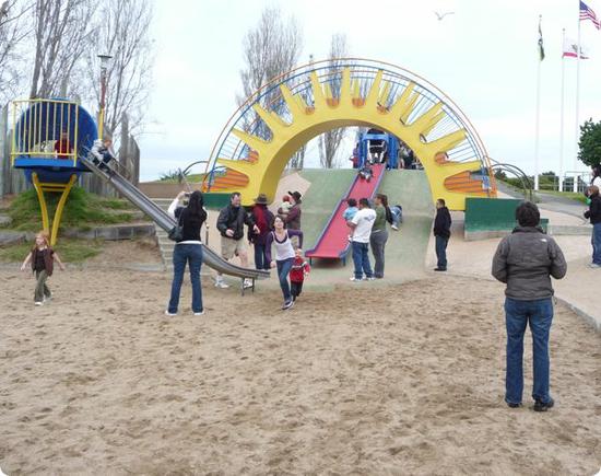 Sunshine bridge and rollerslide at Dennis The Menace Park in Monterey, CA