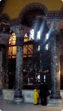 E in his raingear checking out Hagia Sofia in Istanbul