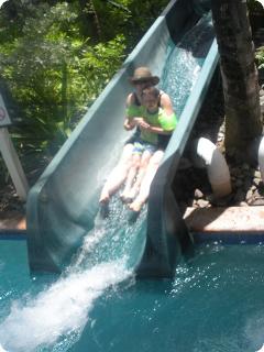 Everest and I slide down the waterslide together