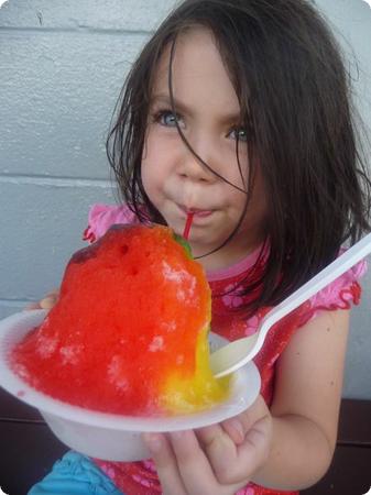 Darya digs right in to a jumbo-sized shave ice