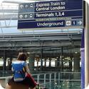Darya gets a piggyback ride to the Heathrow Express.  Who do you think is more exhausted, her or dad?