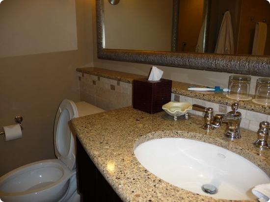 Bathroom in our double queen room at the Sandpearl Resort in Clearwater Beach Florida