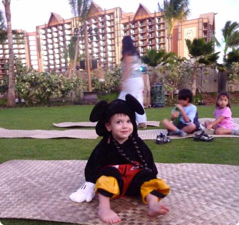 Eilan wearing his Mikey Mouse costume at Aulani Resort in Ko Olina