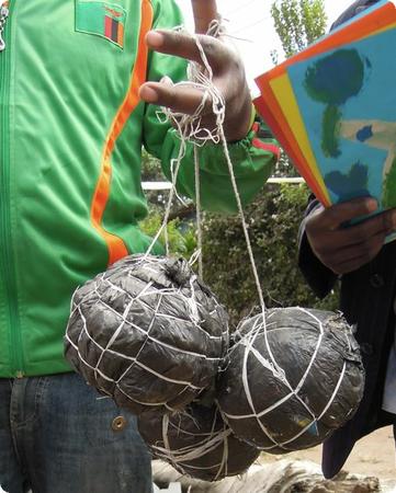 Soccer balls made out of plastic bags (Plastic bags are the one thing in abundant supply here)