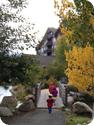 Kids cross the bridge to the Suncadia Lodge