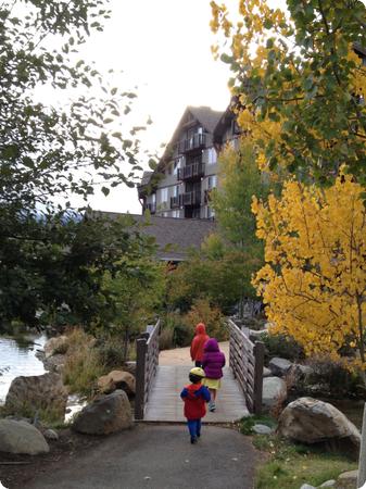 Kids cross the bridge to the Suncadia Lodge